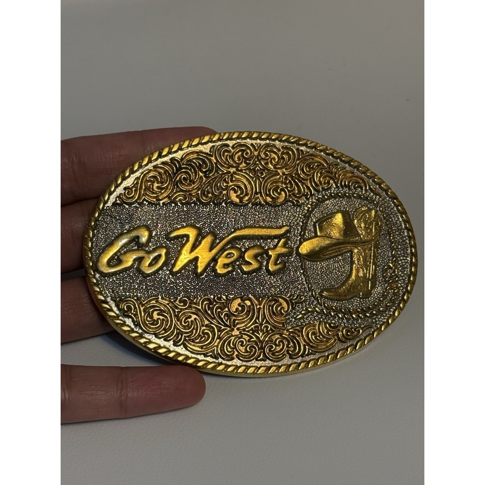Go West Western Belt Buckle Gold Silver Trophy Style‎ Cowboy Boot Hat